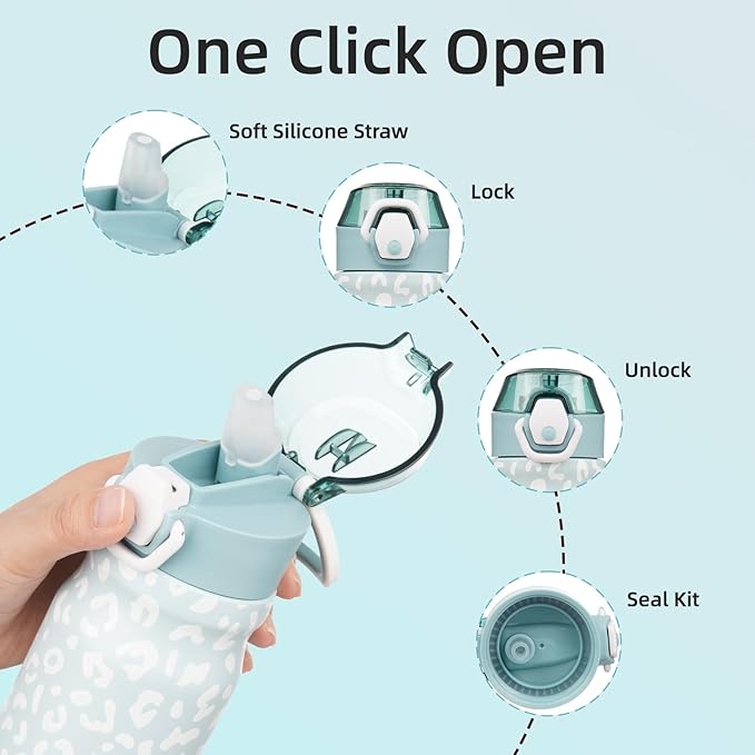 BJPKPK Water Bottle With Straw 14oz Insulated Water Bottles Reusable Stainless Steel Metal Thermo With Leak Proof Lockable Lid And Carry Handle,Light Blue Leopard