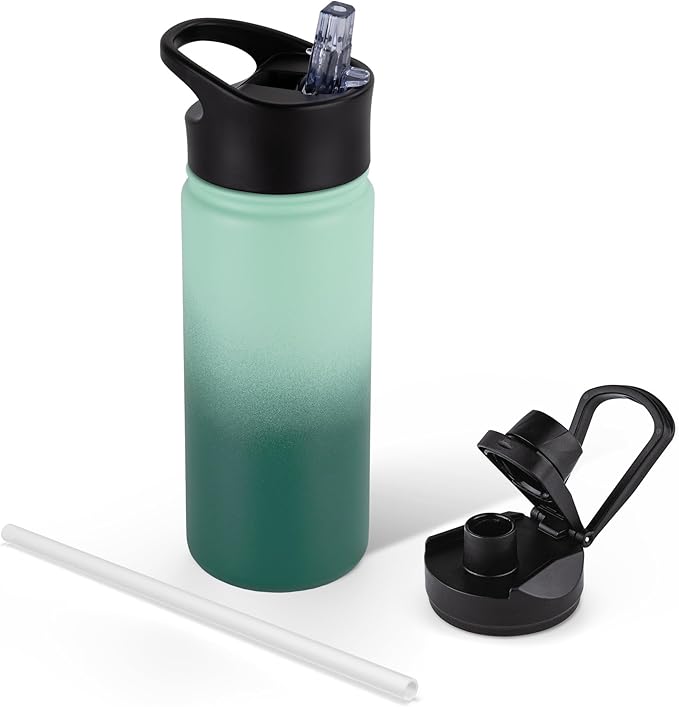 16 oz Insulated Water Bottle for School, Straw & Spout Lid, Keep Cold 24H, Spill Proof, BPA-Free, Double Wall Stainless Steel Kids Water Bottles for Sports, Gym, Travel, Green Gradient