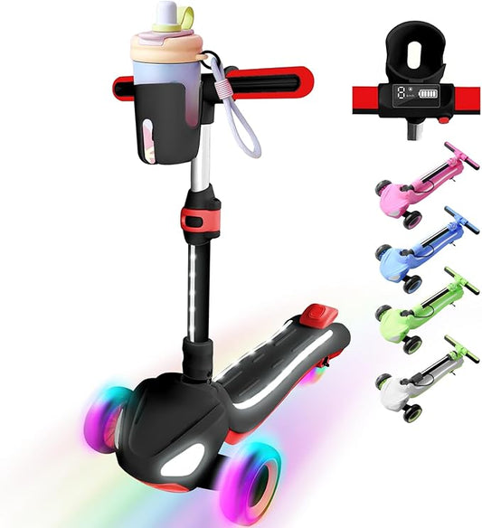 3 Wheel Electric Scooter for Kids Ages 3-10, w/Storage Basket, LCD Screen, Full Body Lights Up, Wide Deck, 5Mph Safe Speed, 90min Riding, Balance Foldable Kick Scooter for Boys & Girls