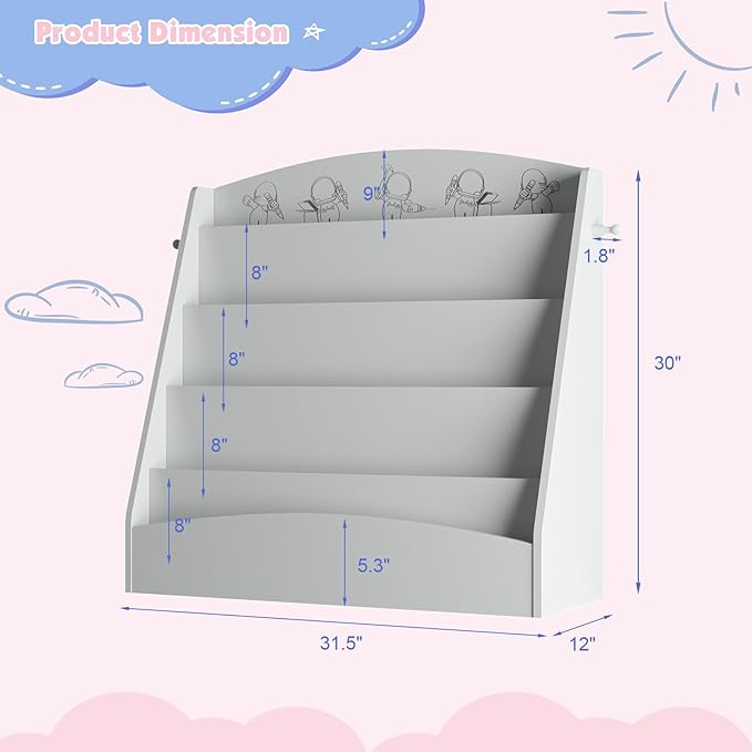 NACHES 5-Tier Kids Bookshelf - Toddler Book Display Shelves, Montessori Bookshelf for Kindergarten, Nursery, Bedrooms, Classrooms - Wooden Children Book Display, Grey