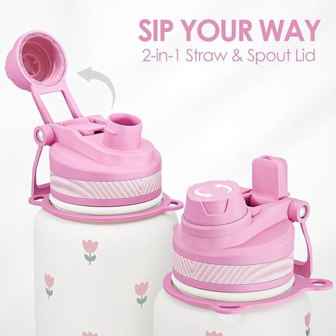 Tulip Stainless Steel Water Bottle with Strap 32oz, Insulated Bottles with Straw and Spout Lid for Gym Sports Travel Outdoor, Gifts for Women Girls Birthday Christmas