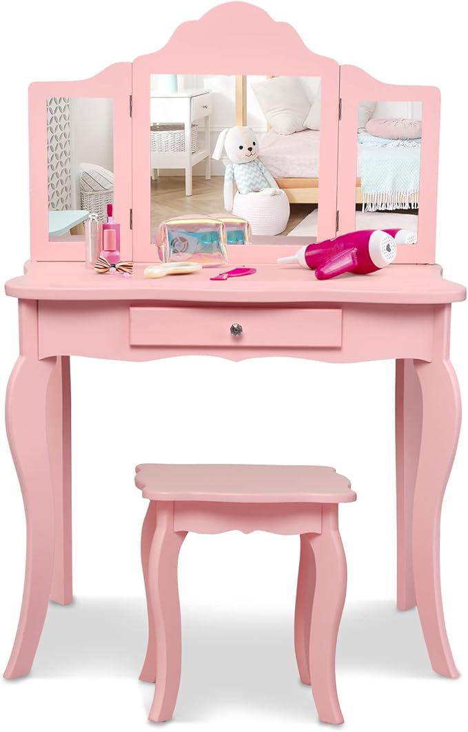 HONEY JOY Kids Vanity Set with Mirror, 2-in-1 Wooden Toddler Vanity Table with Stool, Tri-Folding Mirror & Drawer, Removable Top, Princess Pretend Play Beauty Makeup Vanity for Little Girls (Pink)