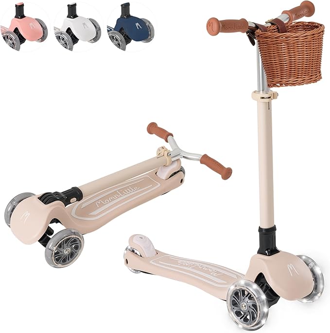 Kick Scooter for Kids Ages 3-10 (Beige/Pink/Navy/White) 3 Wheeled with LED Light-Up Wheels CPSC Certified Foldable and 4 Height Adjustable Toddler Scooters for Boys Girls
