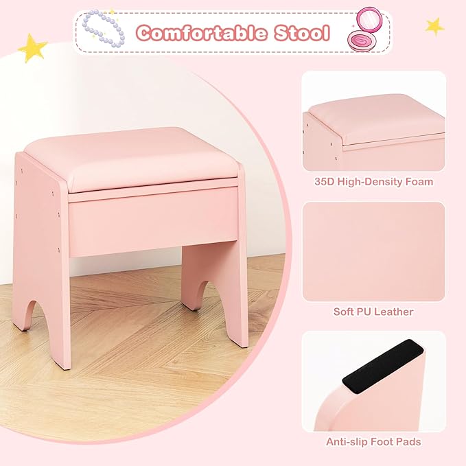 INFANS Kids Vanity with Lights, Princess Makeup Desk with Mirror Storage Shelves, Toddler Table and Chair Set Pretend Play for Girls Aged 4-9 (Pink)