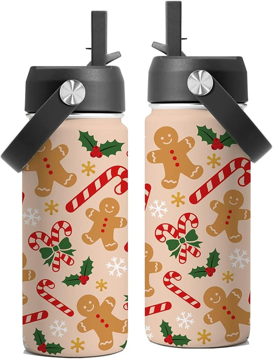 Christmas 16 oz Water Bottle with Straw Lid, Stainless Steel Insulated Tumbler, Gingerbread Water Bottles, Gingerbread Cup Gifts for Christmas Birthday (1pcs)