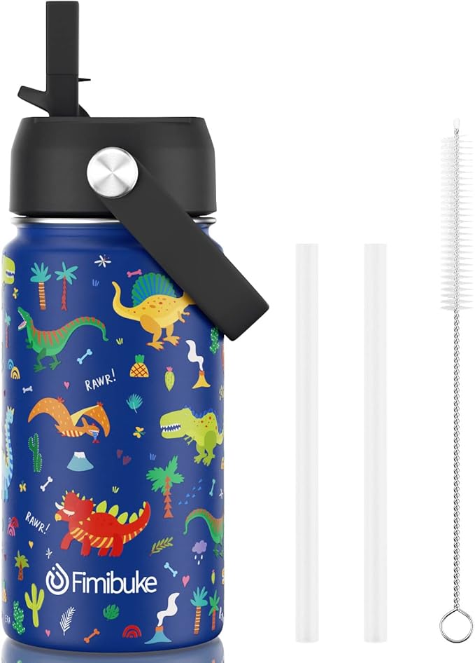 Fimibuke Kids Insulated Water Bottle, 14oz BPA FREE 18/8 Stainless Steel Travel Tumbler Double Wall Vacuum Leak Proof Kids Cup with Straw Metal Bottle for School Boys Girls(1 Pack, BLUE DINOSAUR)