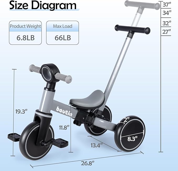 5 in 1 Kids Tricycle for Toddlers 1-3 Baby Balance Bike Toy for 1-4 Years Old Boys Girls Gift with Push Handle & Removable Pedals, Gray (No Parent Steering Version)