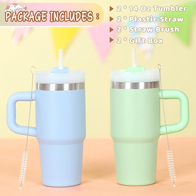 Cosictic 2 Pack 14 Oz Tumbler with Handle and Straw for Kids, Stainless Steel Double Wall Vacuum Insulated Cup for Children, 14 Oz Cups for Kids (Sky Blue, Green)