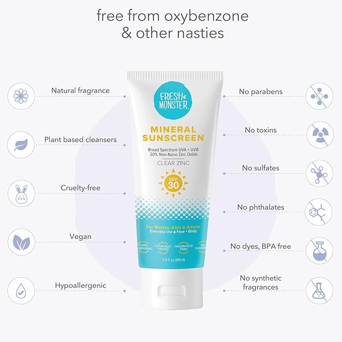 Fresh Monster Daily Kids Sunscreen, SPF 30 UVA/UVB, Clear Non-Nano Zinc Oxide Mineral Sunscreen, Face & Body Sunscreen, Reef Safe, Hypoallergenic Sunscreen for Kids
