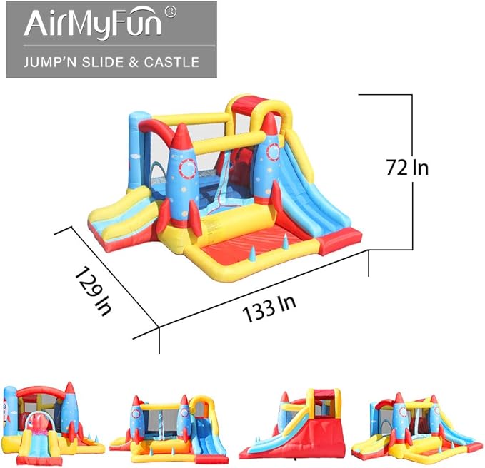 AirMyFun Inflatable Bounce House,Bouncy Castle with Air Blower,Play House with Ball Pit,Inflatable Kids Slide,Jumping Castle with Carry Bag(Rocket Theme)