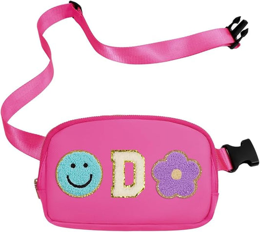 Fanny Pack for Girls Pink Kid Crossbody Bag Chenille D Letter Preppy Belt Bag, Christmas Birthday Easter Gifts for Teen Daughter Sister, Personalized Nylon Purse for 4 5 6 7 8 9 10 Year Old Girls