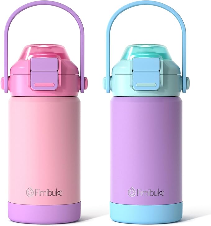 Kids Insulated Water Bottle with Pop-Open Straw & Spout 2-in-1 Lid, 14oz Kids Insulated 18/8 Stainless Steel Water Bottle for School Girls Boys Toddler Water Bottle Leak Proof Toddler Cups, Macaron