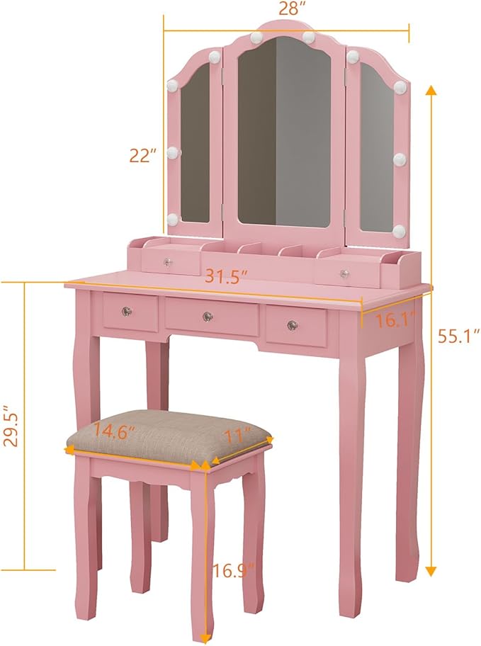 Vanity with Lights Girls Vanity Desk Set with Drawers Makeup Vanity Desk with Mirror and Lights Make Up Pink Makeup Vanity for Girls Table with Stool