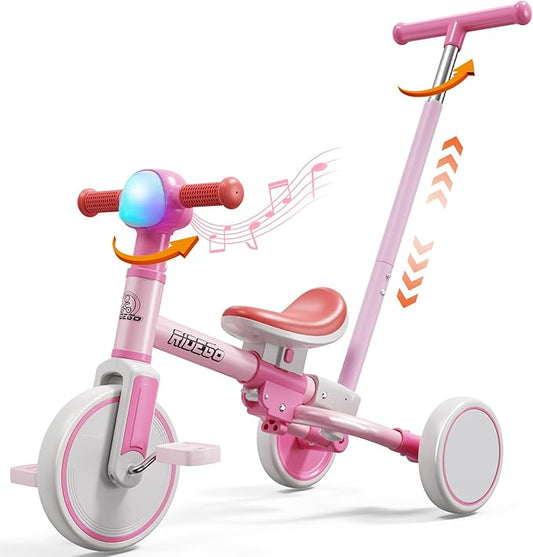 Ridego 5-in-1 Tricycle for Toddlers 2-5 Year Olds, Kids Balance Bike & Toddler Push Bike with Parent Handle, RGB Music Light, Tool-Free Assembly Birthday Gift for Boys Girls