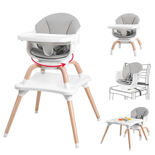 Baby High Chair, 7 in 1 Convertible High Chairs for Babies and Toddlers, Kids Learning Table, Building Block Table, Toddler Dining Chair with 360° Rotating Seat, 5-Point Safety Harness (Grey)