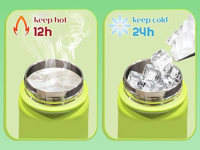 mininoo Kids Water Bottle for School, 16oz Stainless Steel Insulated Water Bottle Kids with Straw Lid for Girls, Boys (Lemon/Green)