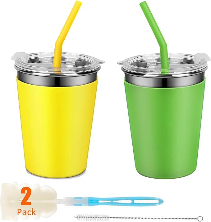 Kids Drinking Cups, Durable Stainless Steel Tumbler Cups with Lids and Silicone Straws, Easy-Grip Sleeves, Set of 2 Spill Proof Cups for Kids (Green & Yellow)