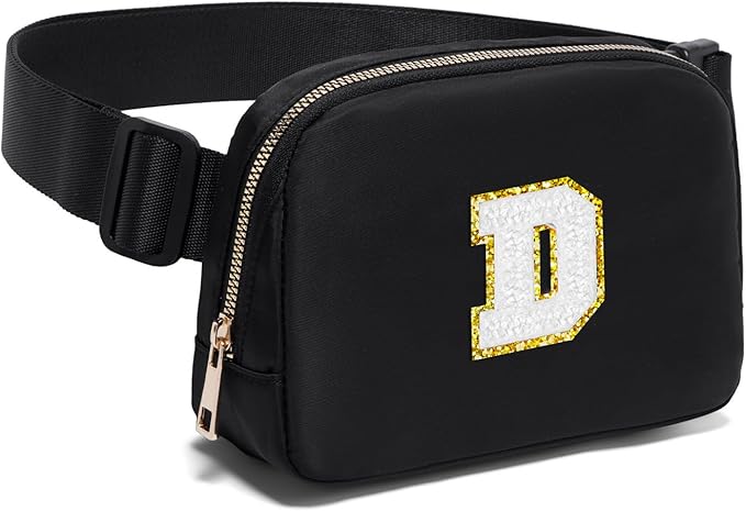 Gitus Birthday Gifts for 8 9 10 11 12 13 Year Old Girls Personalized Fanny Pack Crossbody Bags with Initial Letter Patch Belt Bag for Teen Girls Cute Trendy Stuff Travel Essentials (Black-D)