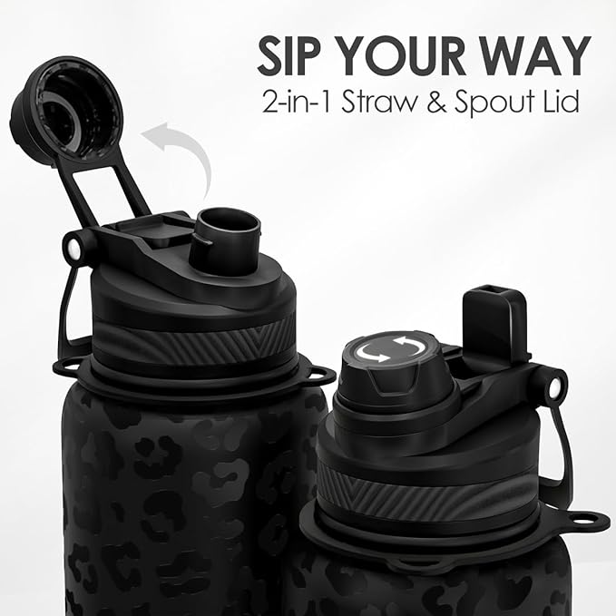 Black Leopard Skin Stainless Steel Water Bottle with Strap 32oz, Insulated Bottles with Straw and Spout Lid for Gym Sports Travel Outdoor, Gifts for Women Girls Birthday Christmas