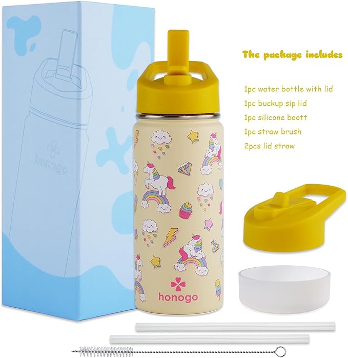 16 oz Stainless Steel Insulated Kids Water Bottle, Leak Proof Metal Thermal Flask with Straw lid, Cute Toddler Tumbler Cup for School Girls & Boys (Beige, Unicorn)