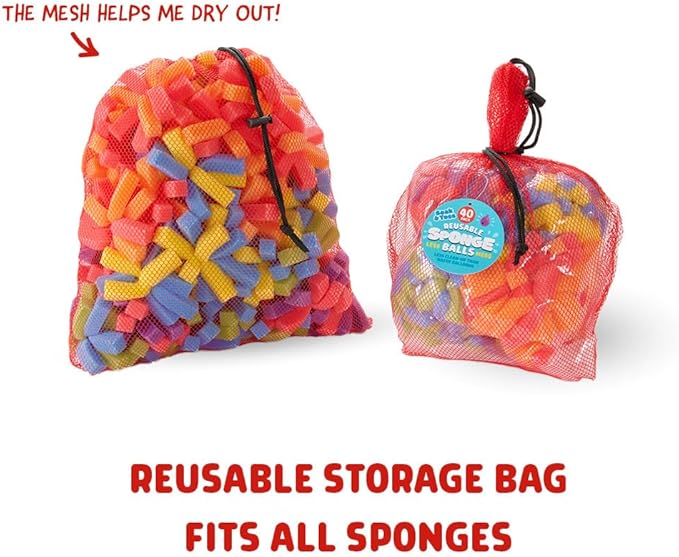 Chuckle & Roar - Reusable Sponge Balls - Eco-Friendly Water Balloon Alternative - Less Mess Family Outdoor Fun - Perfect for Preschool and Up! - Multicolor 40 Pack with Storage Bag