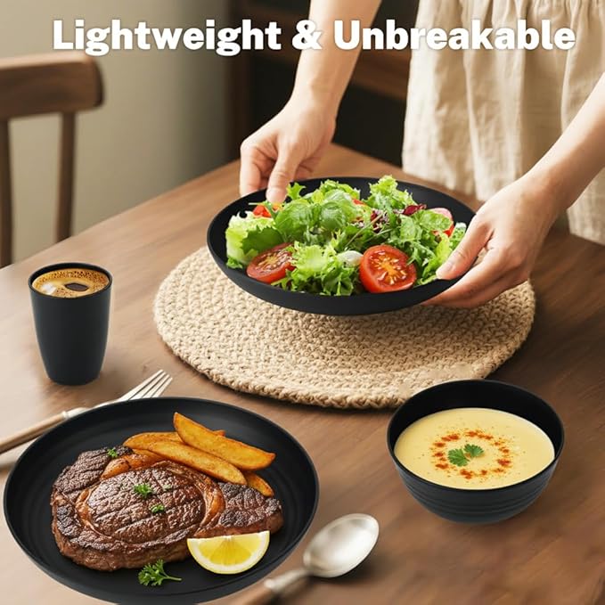 Wheat Straw Dinnerware Sets for 8,Plastic Plates and Bowls Sets 32-Piece, Unbreakable & Lightweight Dish Set, Camping Plates, Cereal Bowls, Cup Sets for Kitchen, Apartment Essentials - Black