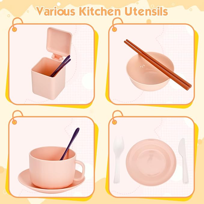 56Pcs Mini Play Kitchen Accessories for Kids, Pretend Cooking Playset with Cookware, Tableware & 2 Fruit Sets, Learning Gift for Girls, Boys, Toddlers, Pink