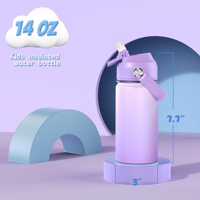 14oz Kids Insulated Water Bottle with Straw Lid - 18/8 Stainless Steel Kid Cup Travel Tumbler Double Wall Vacuum Leak Proof Portable Toddler Water Bottle (Pink+Purple）
