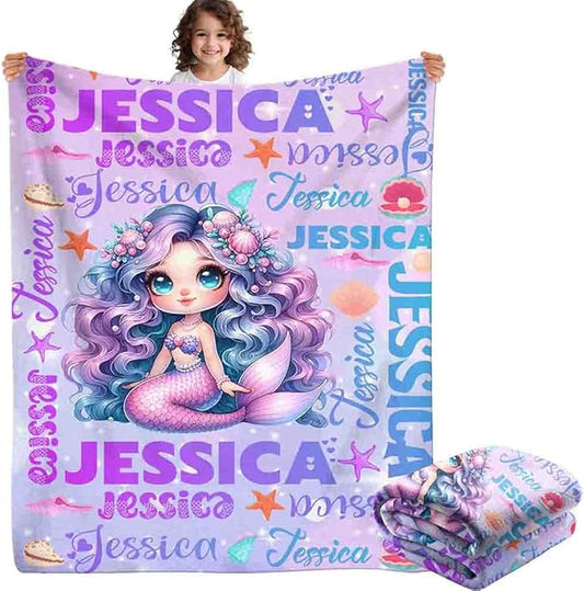 Custom Girl Blanket with Name Personalized Cute Mermaid Blanket for Newborn Customized Soft Flannel Throw Blanket Memorial Gift for Toddler on Birthday Baby Shower Christmas