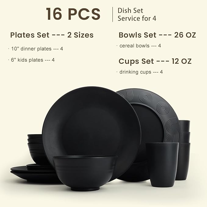 Homienly 16-Piece Wheat Straw Dinnerware Sets, Reusable Unbreakable Plates and Bowls Sets,Cups,Service for 4, Premium Dishwasher and Microwave Safe Dish Sets for Kitchen,Outdoor - Black