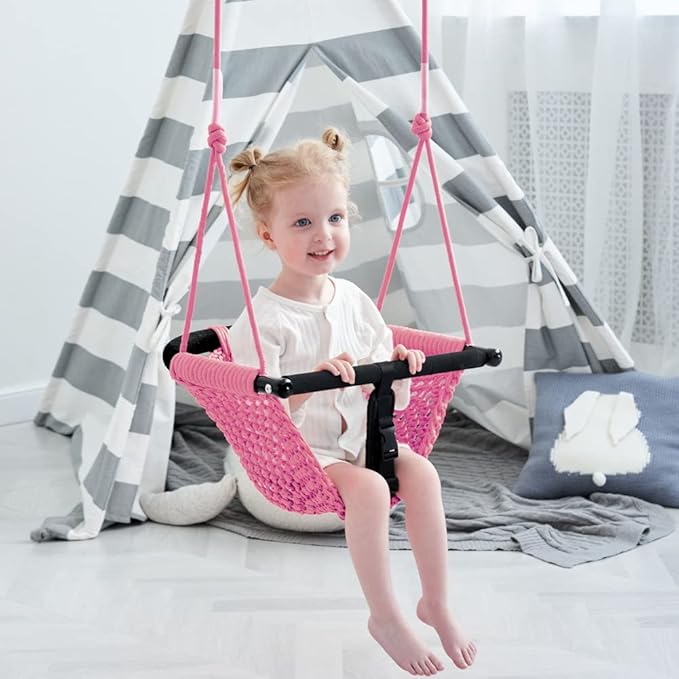 2 -in- 1 Toddler Swing. Swing Seat for Kids with Adjustable Ropes, for Kids Heavy Duty Rope Play Secure Children Swings Set, for Outdoor Indoor, Backyard. Upgrade Product (Pink)