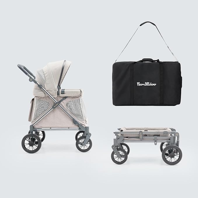 Familidoo Q1 Multi-Use Kids Wagon Stroller with Travel Bag – Foldable, Lightweight, All-Terrain for Kids & Pets – 5-Point Harness, Rain Cover, Compact Travel Design, Up to 132 lbs (Ash Rose)