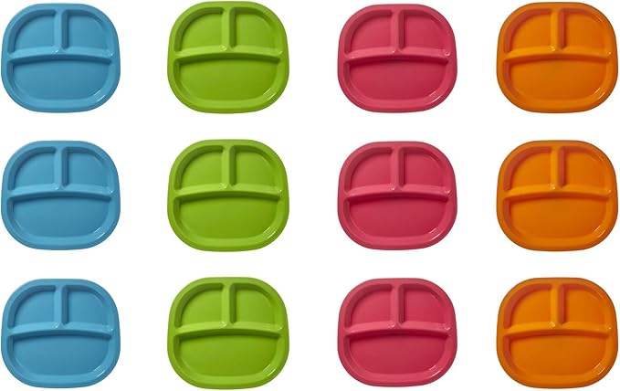 US Acrylic Harmony 3-compartment Divided Plastic Kids Tray in 4 Calypso Colors | set of 12 Reusable, BPA-free Plates, Made in the USA, Microwave & Dishwasher Safe Dinnerware