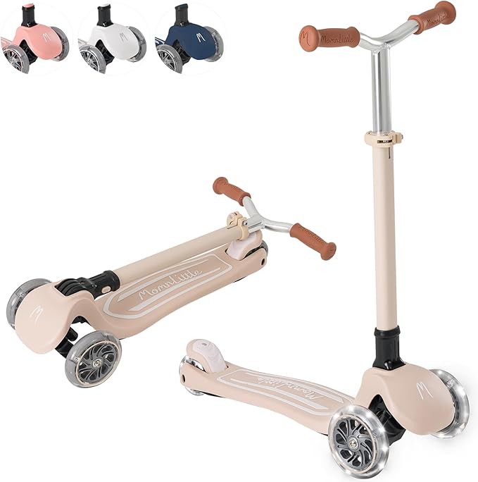 Kick Scooter for Kids Ages 3-10 (Beige/Pink/Navy/White) 3 Wheeled with LED Light-Up Wheels CPSC Certified Foldable and 4 Height Adjustable Toddler Scooters for Boys Girls