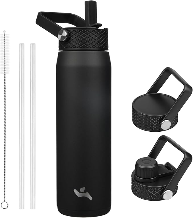 25oz Insulated Stainless Steel Water Bottle with Straw and 3 Lids, BPA-Free Sports Water Bottle,travel water bottle,Black