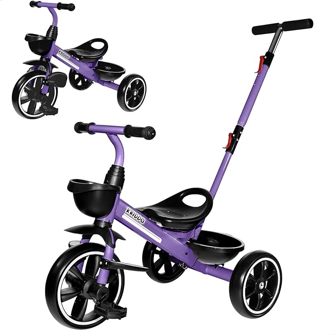 KRIDDO 2-in-1 Toddler Tricycle for Ages 18 Months to 5 Years Old - Extended Push Handle for Effortless Push, Gift Trike for Toddler 3 to 5 Year, Kids Tricycle with Foldable Front Footrest, Purple