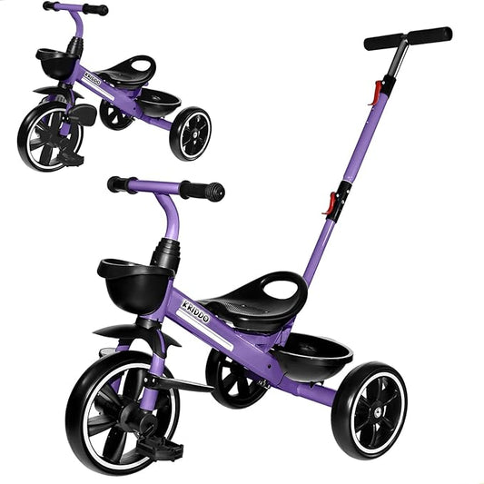 KRIDDO 2-in-1 Toddler Tricycle for Ages 18 Months to 5 Years Old - Extended Push Handle for Effortless Push, Gift Trike for Toddler 3 to 5 Year, Kids Tricycle with Foldable Front Footrest, Purple