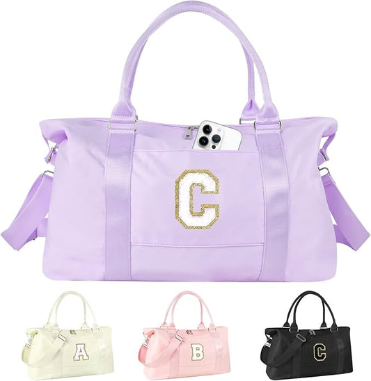 Dance Gym Duffel Bag for Teen Girls, Personalized Initial Travel Weekender Bag,Cute Overnight Carry On Duffle for Women,Sports Travel Cheer Bag,Monogram Christmas Gifts for Tween Preppy(purple-C)