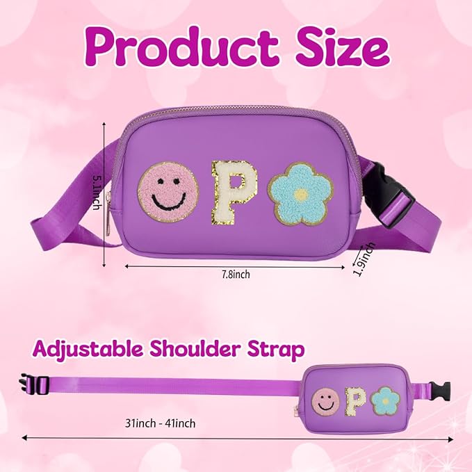 Fanny Pack for Girls Purple Kid Crossbody Bag Chenille P Letter Preppy Belt Bag, Christmas Birthday Easter Gifts for Teen Daughter Sister, Personalized Nylon Purse for 4 5 6 7 8 9 10 Year Old Girls