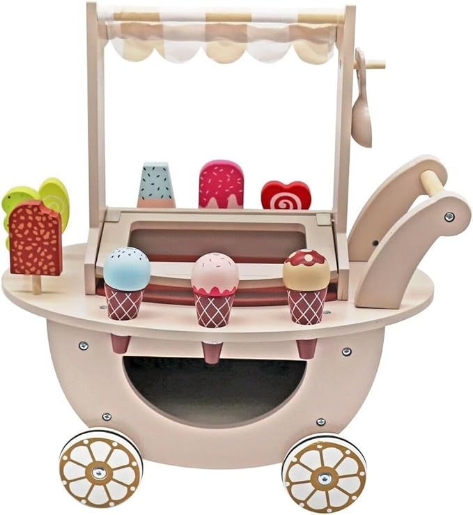 Toddler Wooden Ice Cream Cart Toys, Pretend Play Set Food Truck with Wheels for 3+ Year Old Girls & Boys – Kids Birthday Gift with Magnetic Accessories