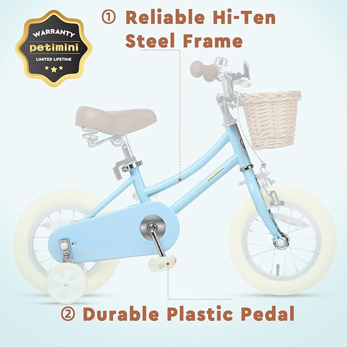 Petimini Girls Bike with Basket for 2-12 Years Old Kids, 12 14 16 18 20 Inch Bicycle with Bell Training Wheels Basket, Multiple Colors