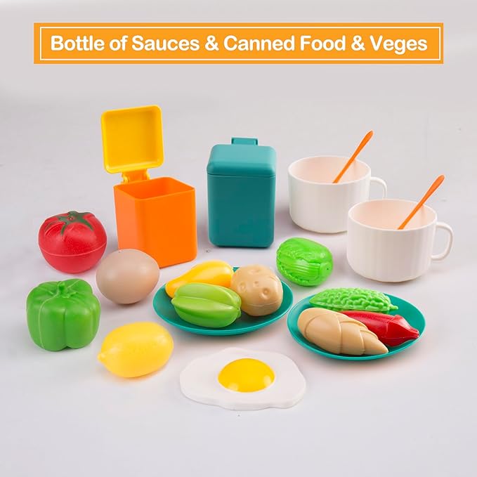 56Pcs Mini Play Kitchen Accessories for Kids, Pretend Cooking Playset with Cookware, Tableware & 2 Fruit Sets, Learning Gift for Girls, Boys, Toddlers, Green