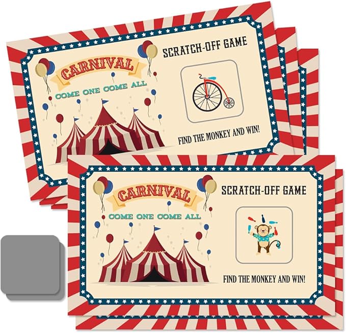 50 Psc Carnival Come One Come All Scratch off Game Cards, Retro Circus Theme Scratch Cards for Birthday Circus Party Baby Shower, Classroom Party Supplies, Lottery Group Games Activity