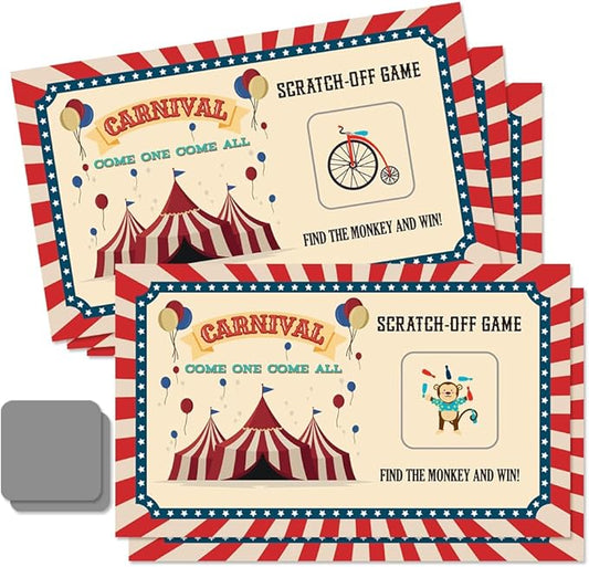 50 Psc Carnival Come One Come All Scratch off Game Cards, Retro Circus Theme Scratch Cards for Birthday Circus Party Baby Shower, Classroom Party Supplies, Lottery Group Games Activity