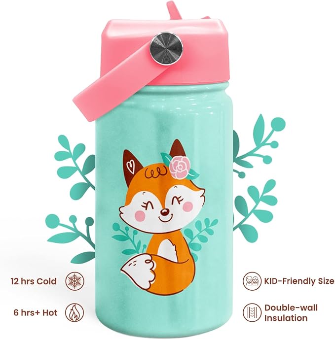Fox Water Bottle - Kids Water Bottle with Straw Lid - 12 Oz Insulated Stainless Steel Water Bottles for Kid Girl - Travel Cup for School Sports