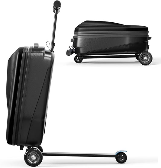 Scooter Hardshell Kids' Luggage, Foldable Carry on Kids Suitcase with Telescopic Handle for Travel, Multifunctional Ride On Lightweight Luggage with Wheels, Light Black
