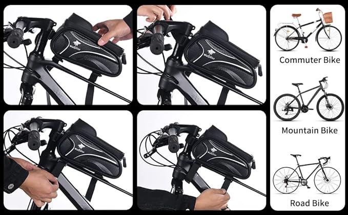 Bike Bag - Waterproof Bike Frame Bag with Sun-Visor Rain Cover, Bike Phone Holder with TPU Sensitive Touch Screen, Handlebar Bag Bicycle Accessories, Large Capacity Suitable Phone Under 7"