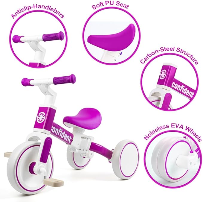 XIAPIA Tricycles for 1-3 Year Olds, 5 in 1 Toddler Balance Bike with Removable Pedal, Push Trike Toys with Adjustable Pushrod for 2 3 4 5 Year Old Boys & Girls, Birthday Gifts for Kids