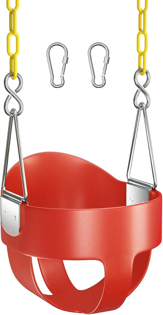 AGPTEK High Back Full Bucket Toddler Swing Seat Infant Swing with Yellow Coated Swing Chains and Carabiners Baby Swing Outdoor for Easy Install(Red)