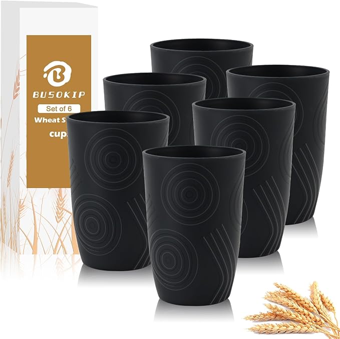 Wheat Straw Cups 6 Pcs 16 OZ Plastic Cup, Unbreakable Drinking Glasses, Lightweight Cup Set for Kitchen, Alternative to Plastic Cups Reusable Dishwasher Safe (Black)